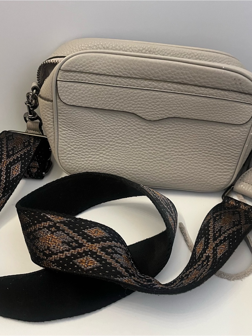 Rebecca Minkoff Light Gray Pebbled Leather Crossbody Tapestry Strap Side Tassels